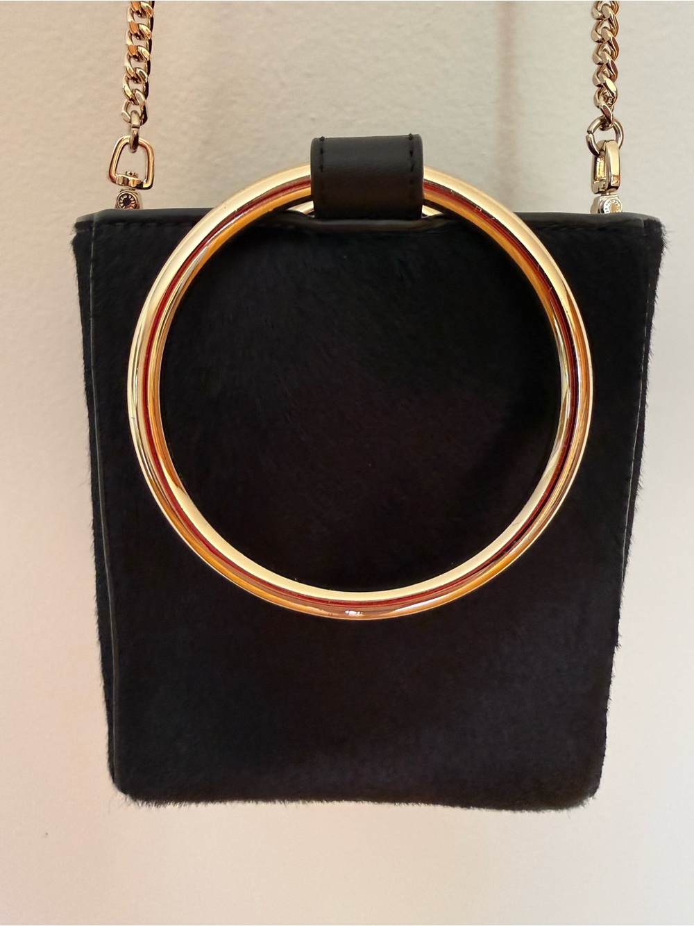 henri bendel Black Fur Mini Bag with Gold Ring and Chain